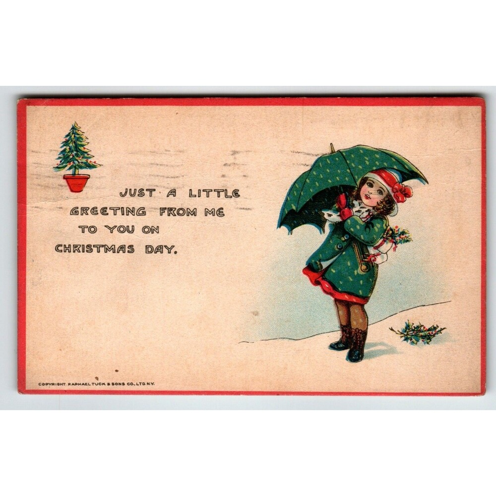 Christmas Postcard Girl Umbrella Gifts Holly Leaves Tuck 557 Joys Of Youth 1919